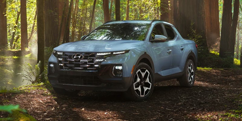 Hyundai Santa Cruz pickup truck parked on a dirt path in a sunlit forest.