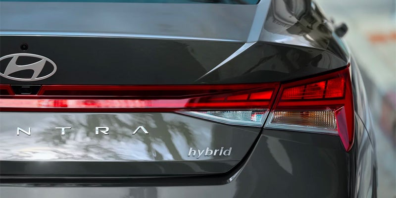 The rear of a dark gray Hyundai Elantra Hybrid car, showing the "Elantra" and "hybrid" badges.