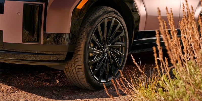 Close-up of a car's tire and black rim on a dirt road, with dry grass on the right.