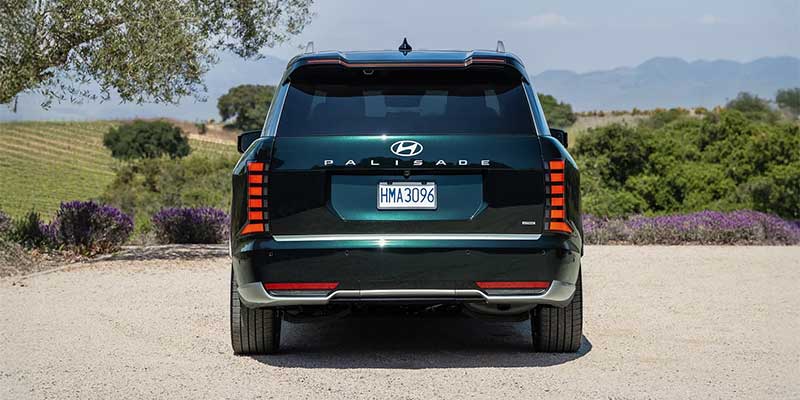 Hyundai Palisade SUV on a dirt road, with vineyards and hills in the background.