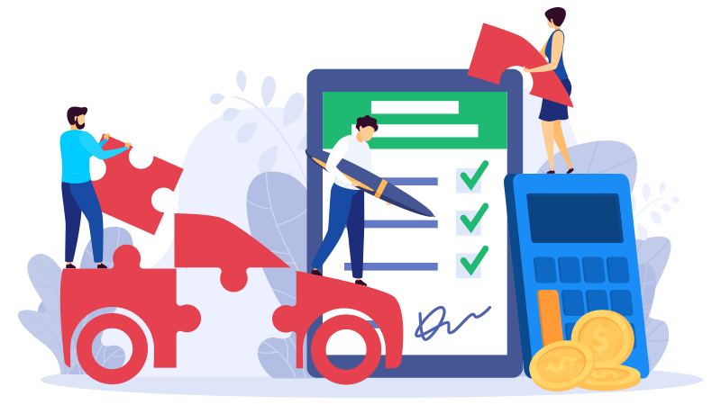 Flat illustration of people assembling a puzzle of a car with a checklist, calculator, and coins.